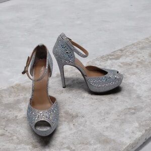 Thalia Sodi Glittering Silver Peep-Toe Heels